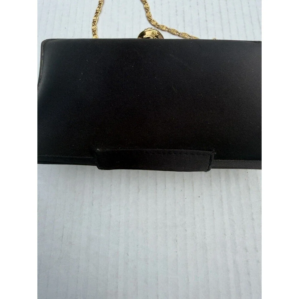 Vintage Carlo Pellini Black Satin Evening Clutch Purse Gold Chain Rhinestone
